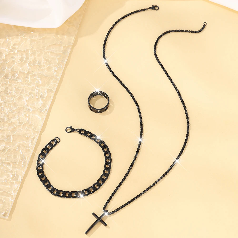 Set de Joyería para Hombre 3 Piezas – Collar con Cruz, Pulsera y Anillo en Acero Inoxidable Estilo Hip Hop