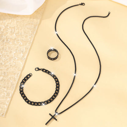 Set de Joyería para Hombre 3 Piezas – Collar con Cruz, Pulsera y Anillo en Acero Inoxidable Estilo Hip Hop