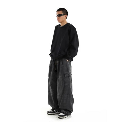 Jeans Cargo Negros Y2K para Hombre – Pantalones Baggy Oversize Streetwear Casual Pierna Ancha Estilo Hippie Vintage Denim