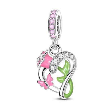 Charm Plata 925 Colgante Rosa Mariposa Corazón Flor Pájaro | Dije Para Pulsera Pandora Compatible