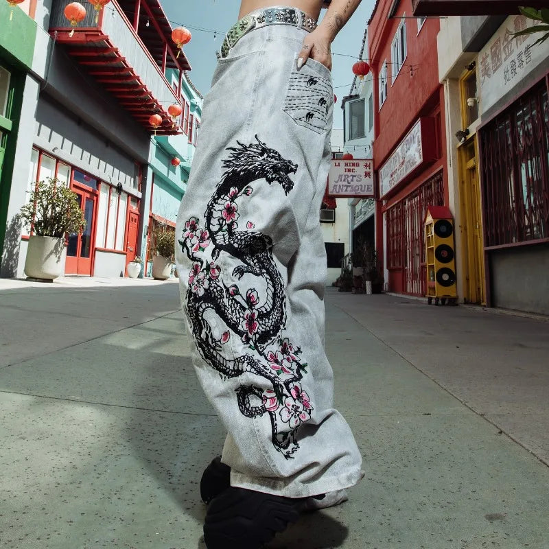 Jeans Baggy Bordados Hombre | Pantalones Oversize Y2K Hip Hop Streetwear Harajuku Cintura Alta Pierna Ancha