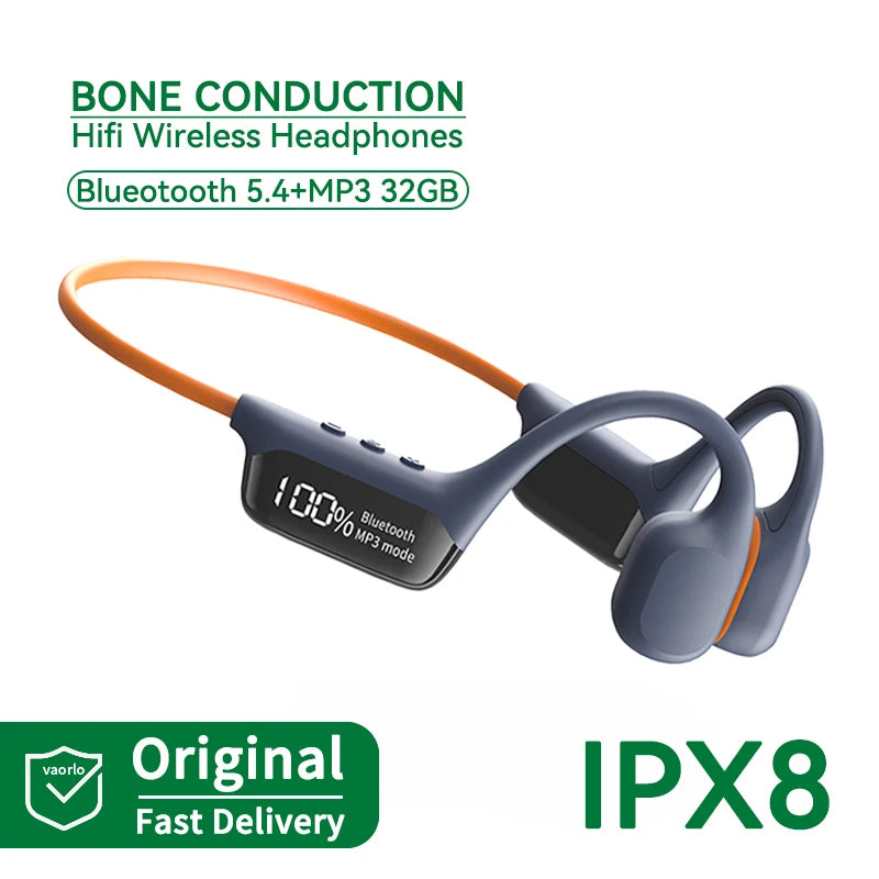 Auriculares True Bone Conduction Bluetooth 5.4 – Inalámbricos, impermeables IPX8, MP3 32GB con micrófono y pantalla LED