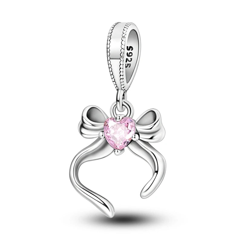 Charm de Plata 925 Rosa con Corazón, Perfume, Lazo y Cruz – Abalorios Elegantes para Pulseras Originales
