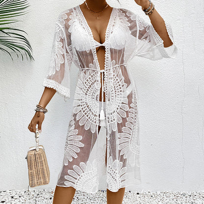 Bikini Mesh Flores Mujer | Kimono Playa Bordado Transparente Verano