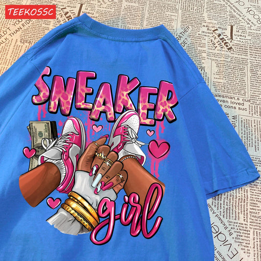 Camiseta Oversize Mujer Algodón | Estampado Zapatillas Rosas Casual Juvenil