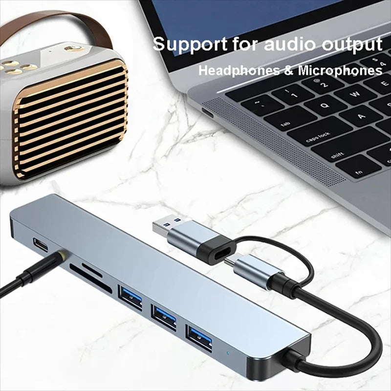 8 en 2 HUB USB-C Docking Station – Adaptador con Lector SD/TF, Jack 3.5mm, USB 3.0, USB 2.0 y Power Delivery para Laptop/Tablet/Smartphone