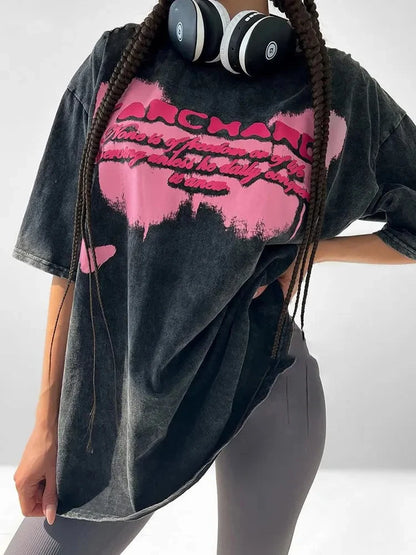 Camiseta Oversize Mujer Algodón Lavado | Estampado Leopardo Moda Y2K Manga Corta