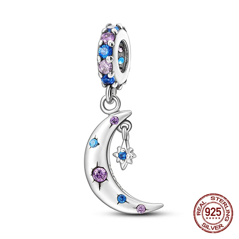 Charm luna y estrellas luminoso plata 925 – Abalorio brillante para pulsera tipo Pandora mujer