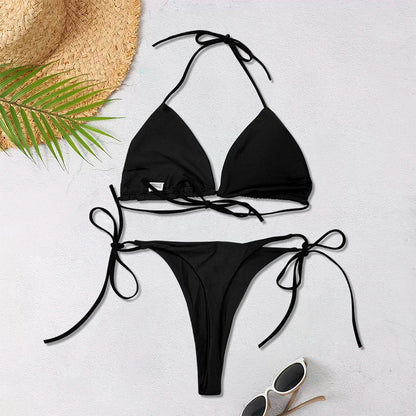 Bikini Sexy Mujer 2025 | Halter Tres Puntos Sólido Ajustable Espalda Descubierta