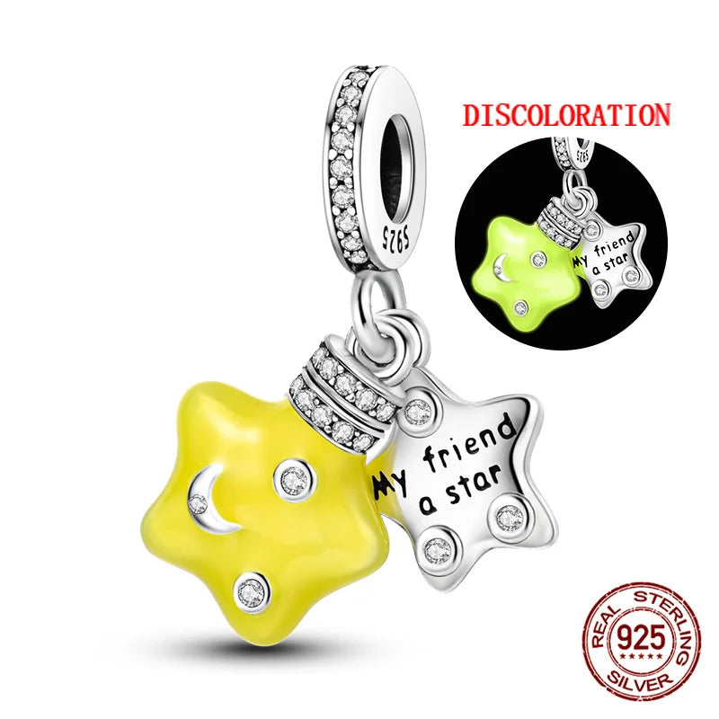 Charm luna y estrellas luminoso plata 925 – Abalorio brillante para pulsera tipo Pandora mujer
