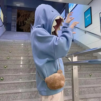 Hoodie Oversize Tiburón Patchwork Unisex | Sudadera Kawaii Casual Otoño Invierno
