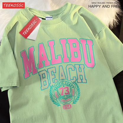 Camiseta Oversize Malibu Beach – T-shirt Casual Unisex con Estampado de Letras, Algodón, Cuello Redondo