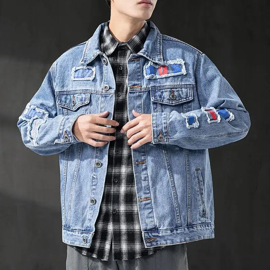 GELITAYIN Men's Denim Jacket Ripped Autumn With Hole Male Jean Coats Oversize Light Vintage Washed Elatic High Quality Low Price