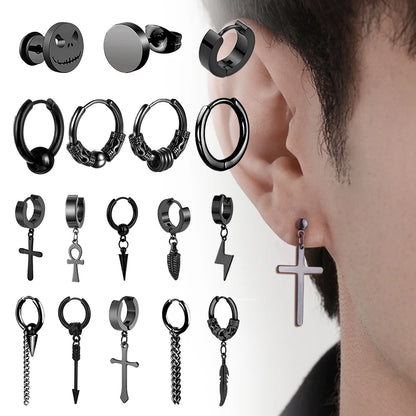 Aretes Punk de Acero Inoxidable Negro – 1 Par de Pendientes Unisex Estilo Hip Hop Vintage