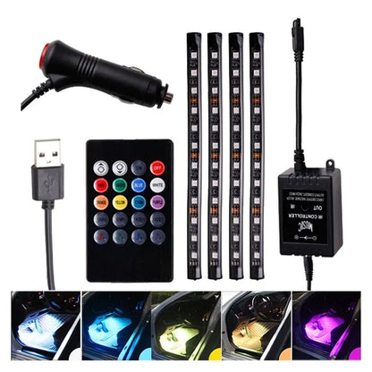 Kit de Luces LED Neón RGB para Interior de Coche | Tiras Decorativas con Control Remoto, App y Modo Música