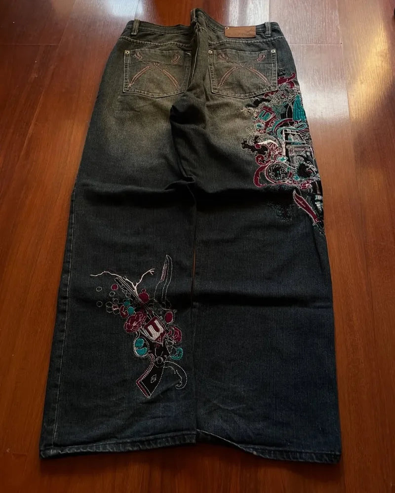 Jeans Retro Harajuku Talle Alto con Bordados – Pantalones Oversize Unisex Estilo Y2K Hip Hop Americano Street Rock Casual