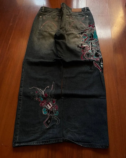 Jeans Retro Harajuku Talle Alto con Bordados – Pantalones Oversize Unisex Estilo Y2K Hip Hop Americano Street Rock Casual