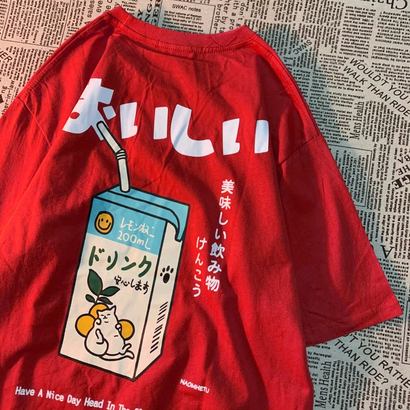 Camiseta Oversize Unisex Algodón | Estampado Japonés Gatito Harajuku Casual Verano