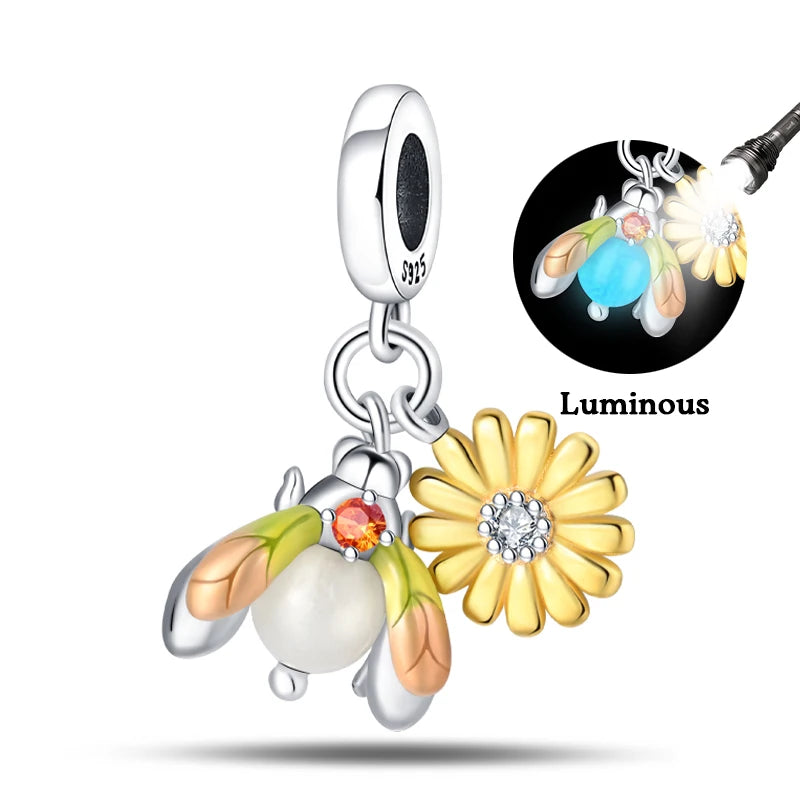 100% 925 Sterling Silver Creative Blue Luminous Firefly Charms Pendants Fit Qikaola 925 Original Bracelets DIY Birthday Jewelry