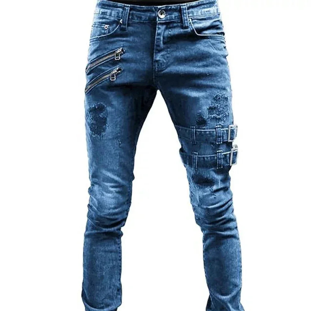 Jeans Biker Slim Fit para Hombre – Pantalones Rotos de Denim Negro con Cremallera, Stretch y Estilo Hip Hop Oversize