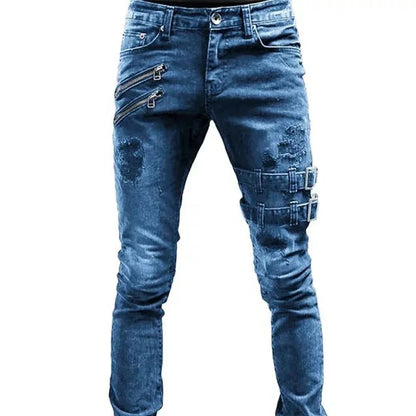 Jeans Biker Slim Fit para Hombre – Pantalones Rotos de Denim Negro con Cremallera, Stretch y Estilo Hip Hop Oversize