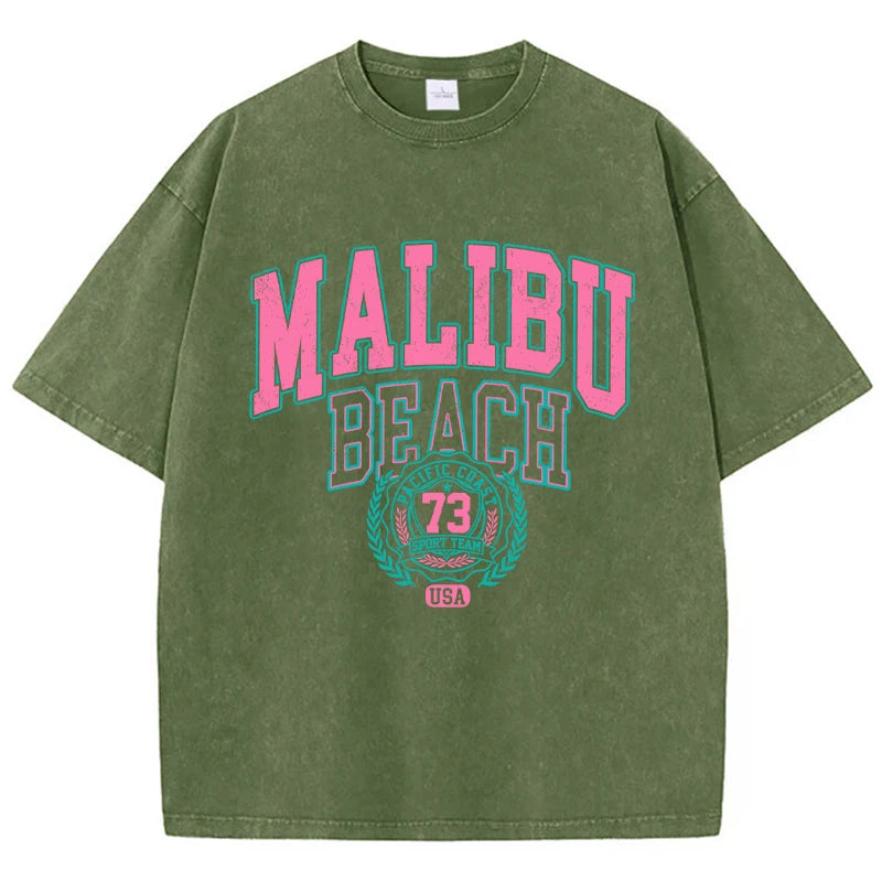 Camiseta Oversize Malibu Beach | T-Shirt Algodón Estampado Letras Estilo Lavado