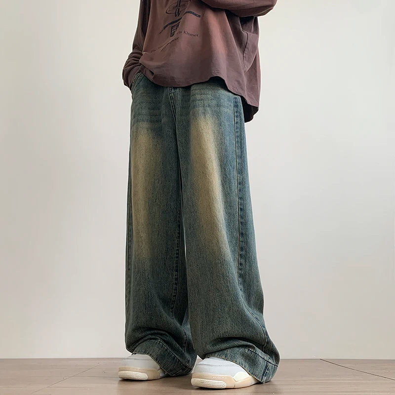 Jeans Azules Vintage Desgastados Hombre | Pantalones Vaqueros Baggy Rectos Oversize Wide-Leg Moda Streetwear Casual