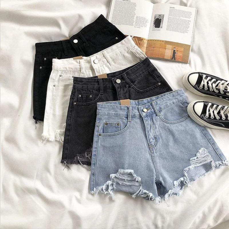 Shorts Vaqueros Mujer Cintura Alta | Denim Coreano Pierna Ancha con Roturas Streetwear 2024