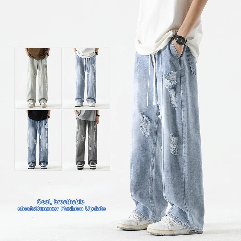 Jeans Hombre Verano Rasgados Rectos | Pantalones Vaqueros Sueltos Retro Cordón Ajustable Streetwear