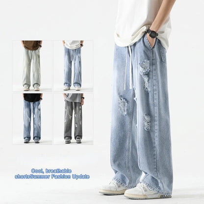 Jeans Hombre Verano Rasgados Rectos | Pantalones Vaqueros Sueltos Retro Cordón Ajustable Streetwear