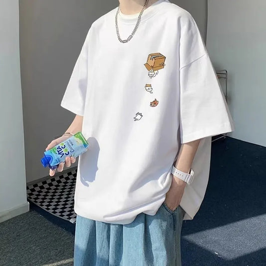 Camiseta Oversize M-8XL para Hombre – T-shirt Coreana Vintage con Estampado de Gato Cartoon, Manga Corta, Casual y Outfit en Pareja
