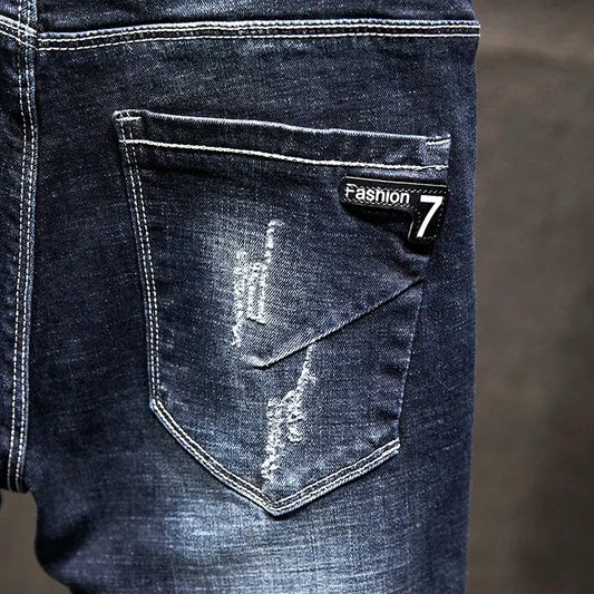 Jeans Hombre High Street | Pantalón Slim Fit Ripped Recto Elástico Streetwear Todo el Año 2025