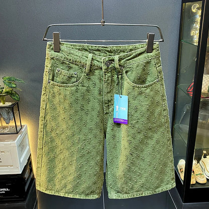 2025 new summer high-end denim shorts for men, loose straight leg oversized pants, retro embroidered five quarter pants