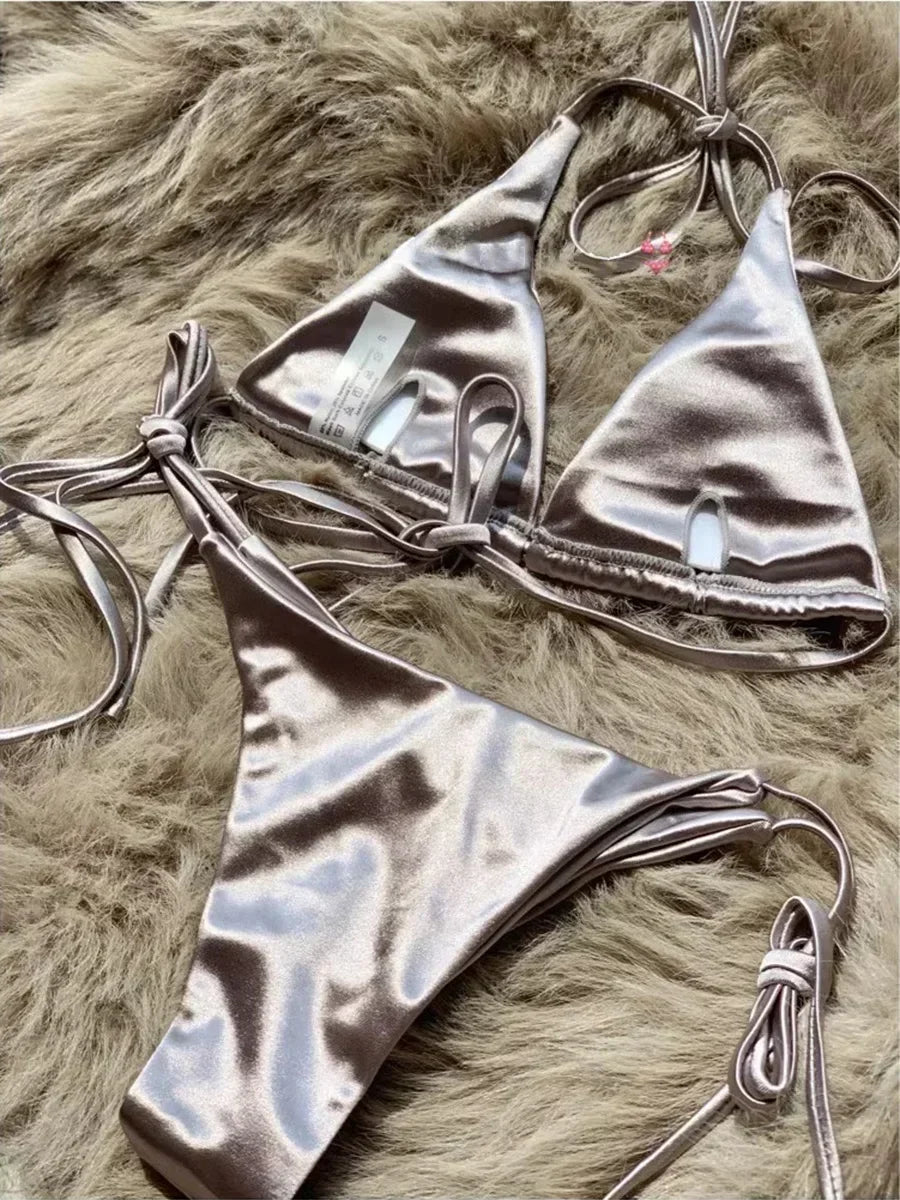 Bikini Brasileño Halter Mujer | Satinado Metálico Push Up 2 Piezas