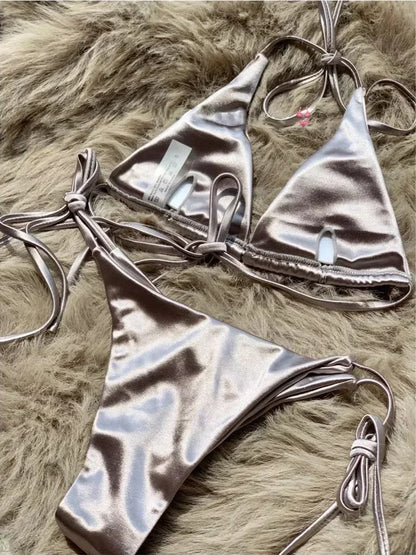 Bikini Brasileño Halter Mujer | Satinado Metálico Push Up 2 Piezas