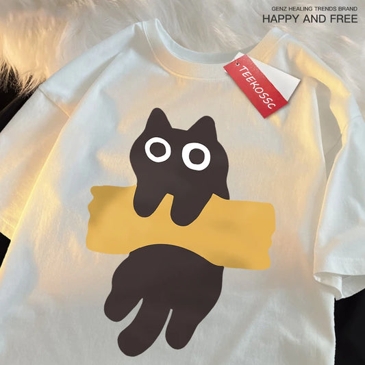 Camiseta Oversize con Estampado de Gato – T-shirt Manga Corta Estilo Japonés Unisex, Algodón, Cuello Redondo