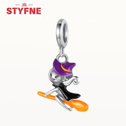 Charm Colgante de Halloween Plata 925 | Bruja Mágica con Efecto Luminoso para Pulsera Original