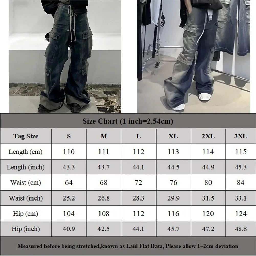 Pantalones Cargo Hombre Multibolsillos | Jeans Oversize Baggy con Cintas Degradadas y Cordón Ajustable Streetwear