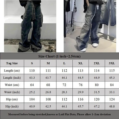 Pantalones Cargo Hombre Multibolsillos | Jeans Oversize Baggy con Cintas Degradadas y Cordón Ajustable Streetwear