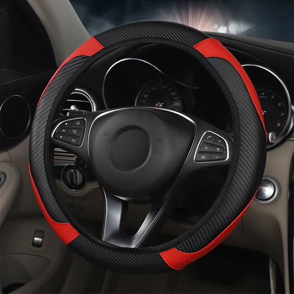 Car Steering Wheel Cover Breathable Anti Slip PU Leather Steering Covers Suitable 37-38.5cm Auto Decoration Carbon Fiber