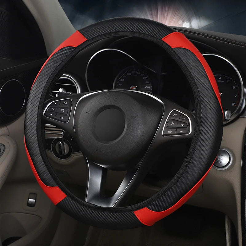 Car Steering Wheel Cover Breathable Anti Slip PU Leather Steering Covers Suitable 37-38.5cm Auto Decoration Carbon Fiber