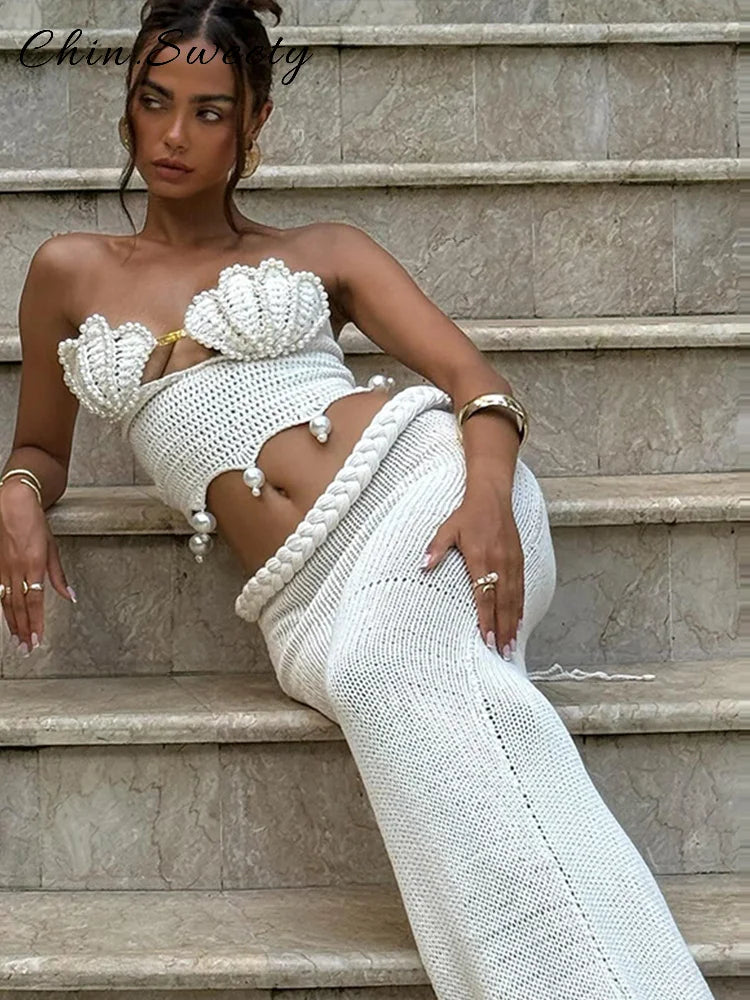 Conjunto Bikini Mujer 2025 | Crochet Hueco con Perlas Top y Falda Playa