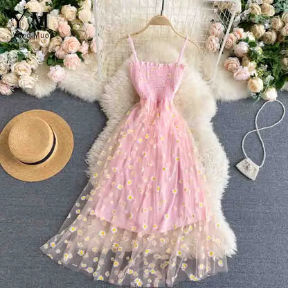 Vestido Verano Mujer Estilo Coreano | Vestido Midi Doble Capa con Tirantes y Estampado de Margaritas