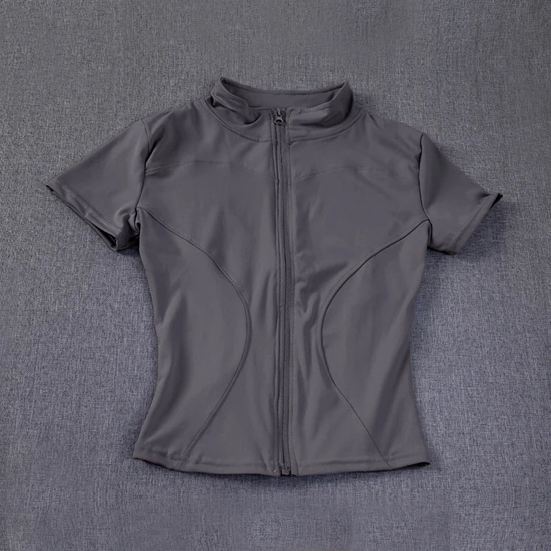 Camiseta Deportiva Mujer Verano | Top Slim Fit Secado Rápido Cuello Alto Cremallera Completa Yoga & Fitness