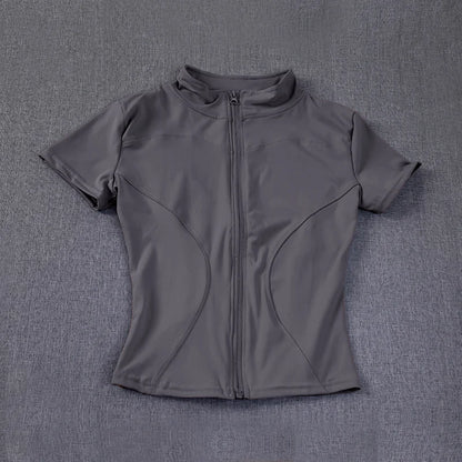 Camiseta Deportiva Mujer Verano | Top Slim Fit Secado Rápido Cuello Alto Cremallera Completa Yoga & Fitness