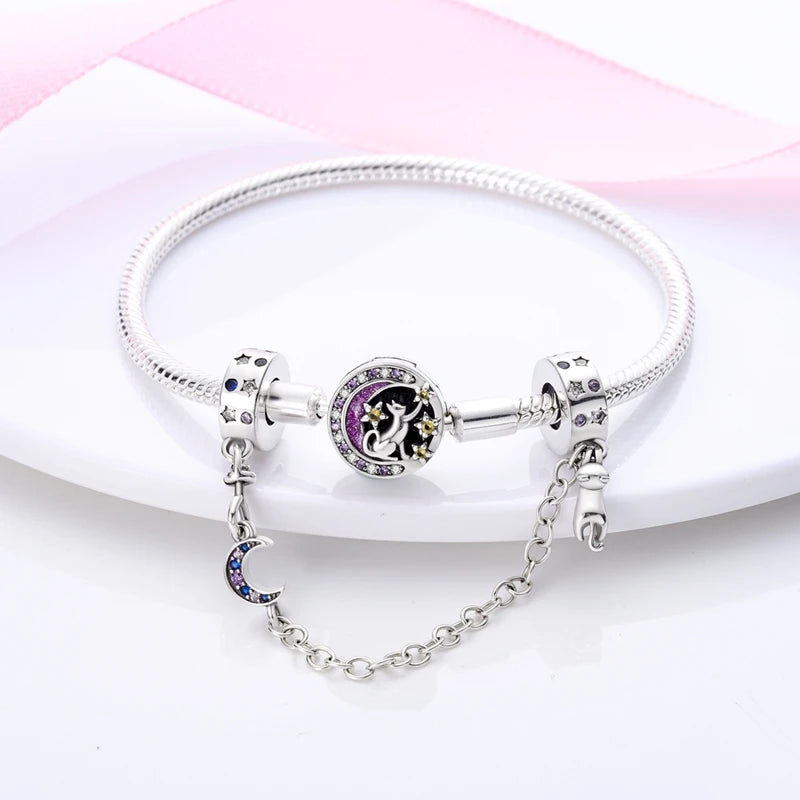 Charm Safety Chain Plata Plateada – Gato Rosa, Luna y Estrella para Pulsera o Collar DIY