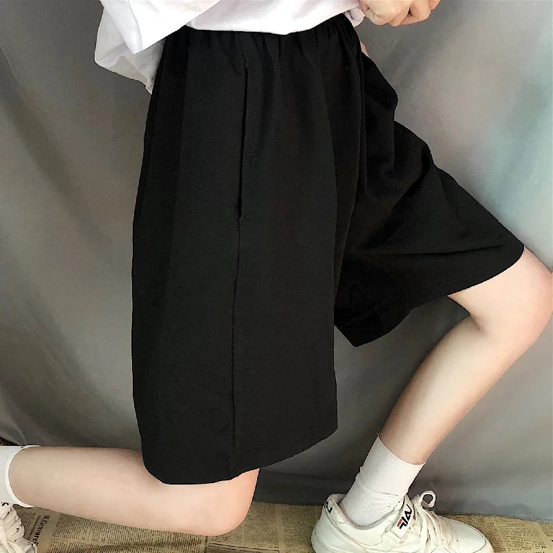 Short Negro Mujer Cintura Alta Elástica | Pantaloneta Oversize Pierna Ancha Y2K Verano Unisex