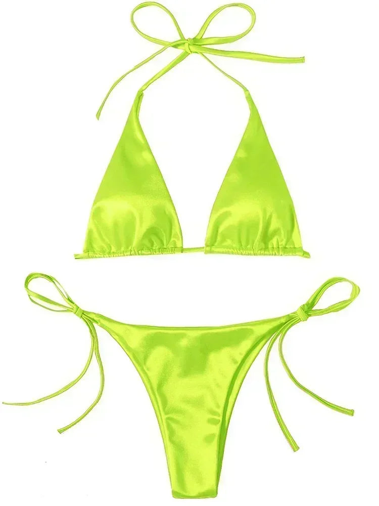 Bikini Brasileño Halter Mujer | Satinado Metálico Push Up 2 Piezas