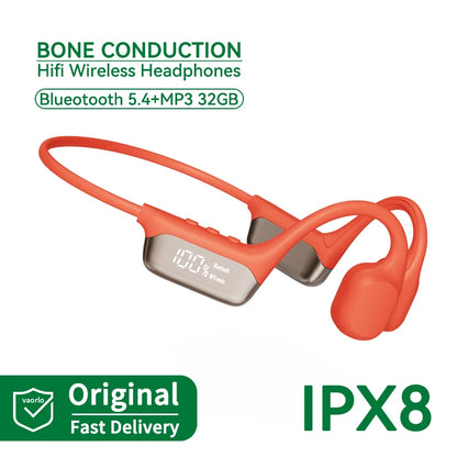 Auriculares True Bone Conduction Bluetooth 5.4 – Inalámbricos, impermeables IPX8, MP3 32GB con micrófono y pantalla LED