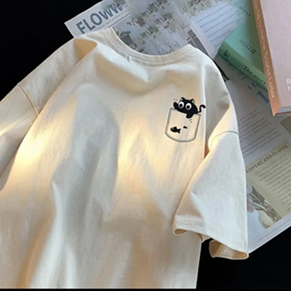 Set Camisetas Oversize Retro | Estampado Gato Negro Moda Americana Juvenil